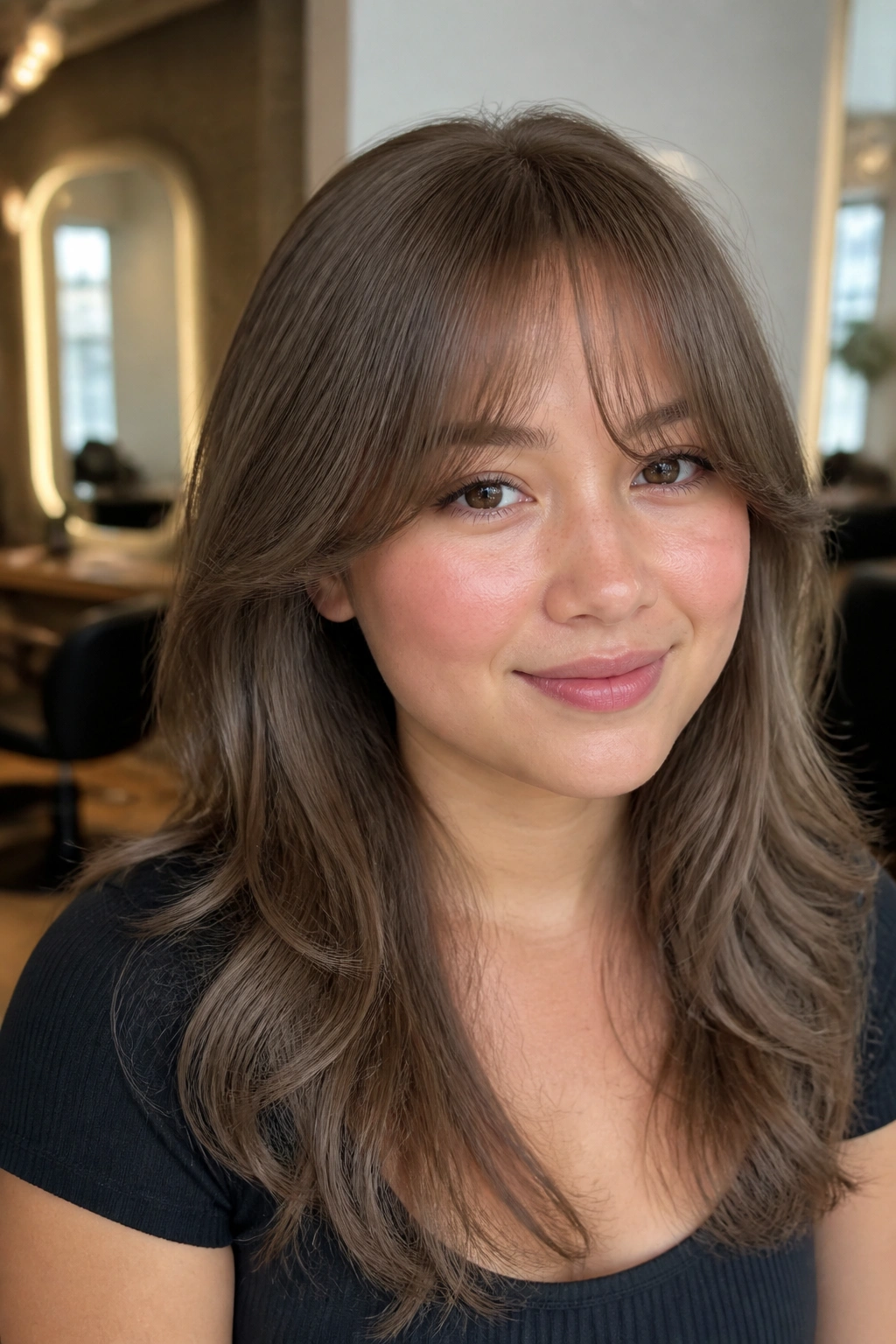 Close-up of a real woman with soft ash brown blunt-to-curtain bangs, lighter center.