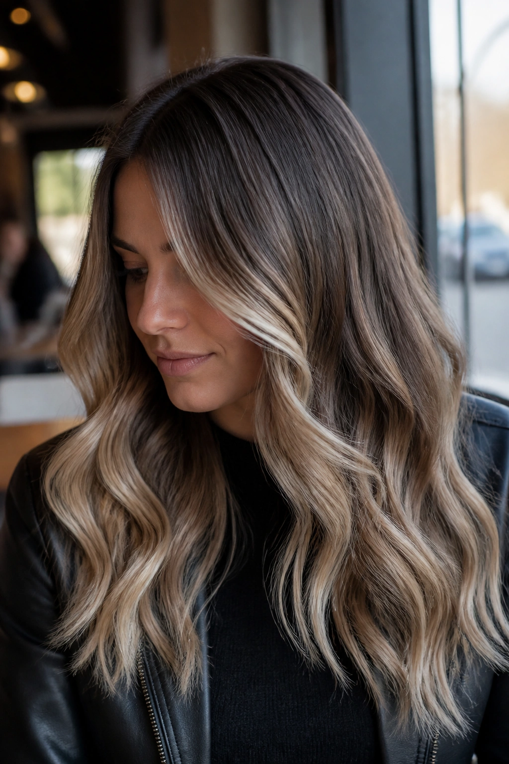 Close-up of woman with ash brown to beige blonde ombre in a sunlit cafe setting