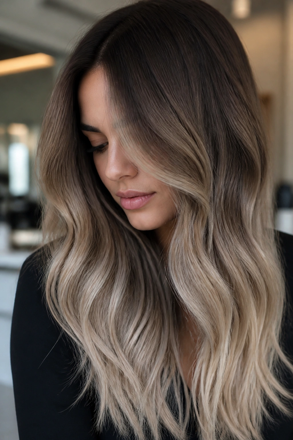 Close-up of ash brown to beige end ombre on a real person