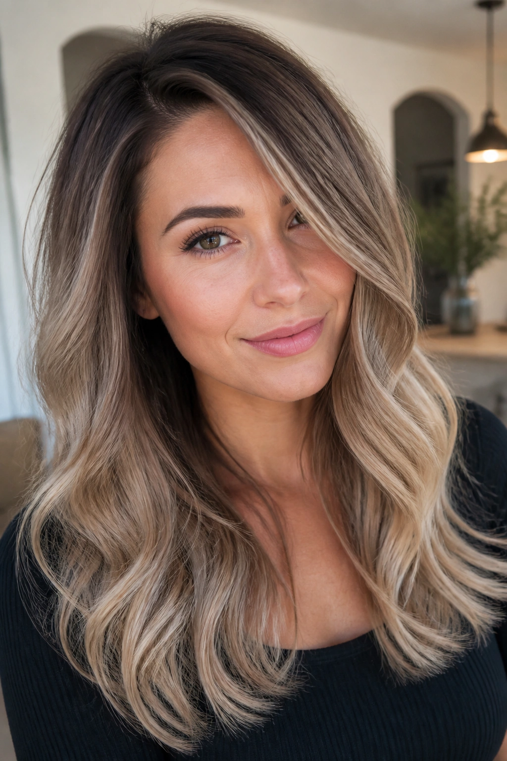 Ash brown to beige blonde gradient on a real woman