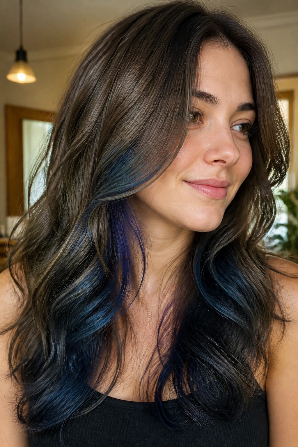 Close-up portrait of a real person with ash brown hair and blue lowlights under the top layer
