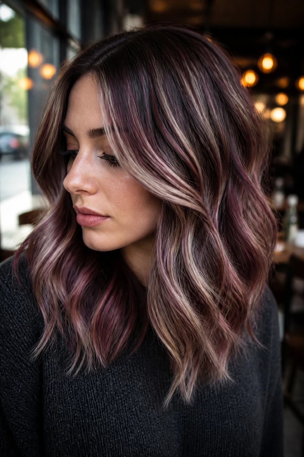 Ash brown hair with cool burgundy balayage and beige blonde ribbons in a real person portrait.