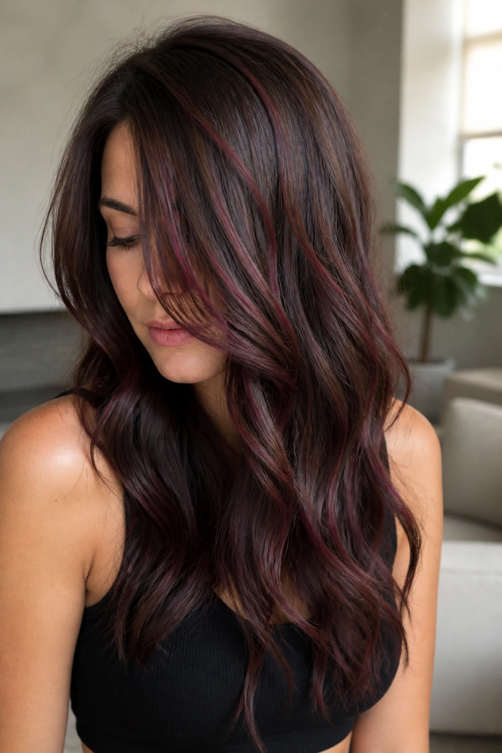 Close-up of ash brown hair with burgundy ribbons framing the face