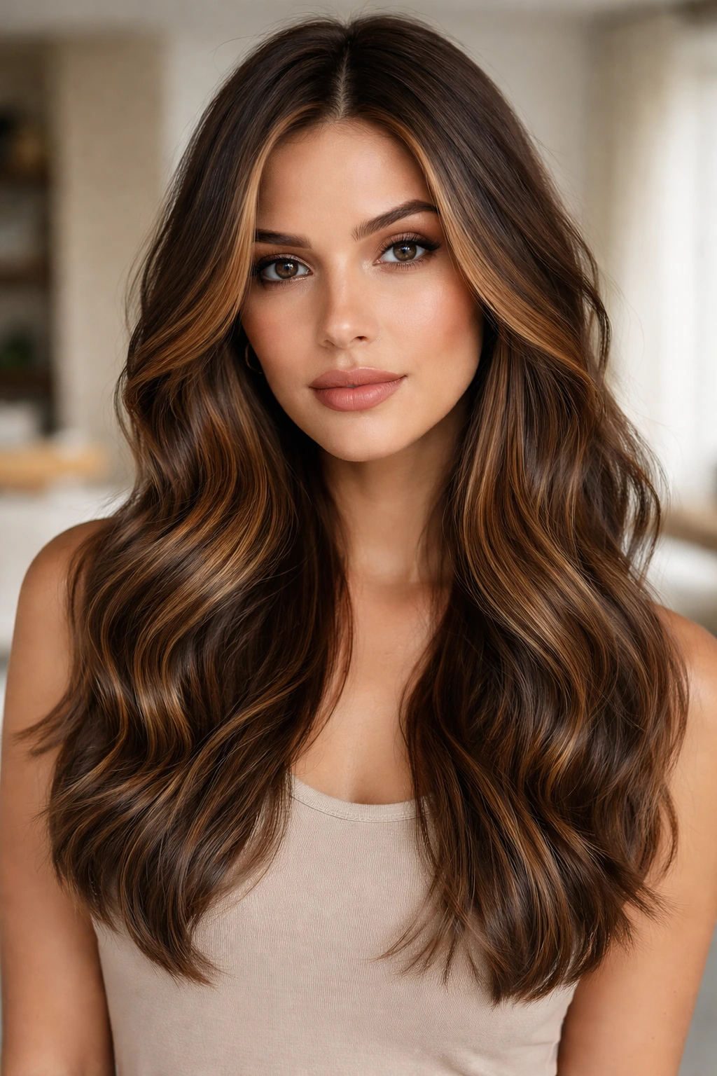 Brunette with ash-brown base and caramel accents in cool tones