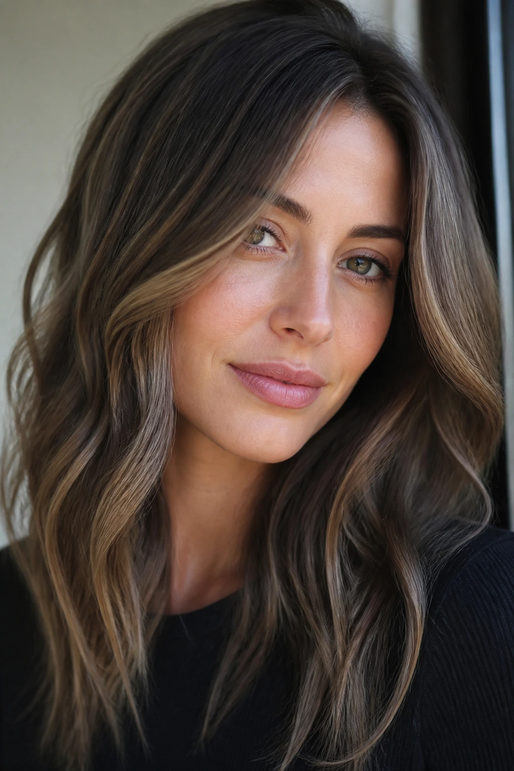 Close-up of ash brown hair with neutral caramel strands on a real woman