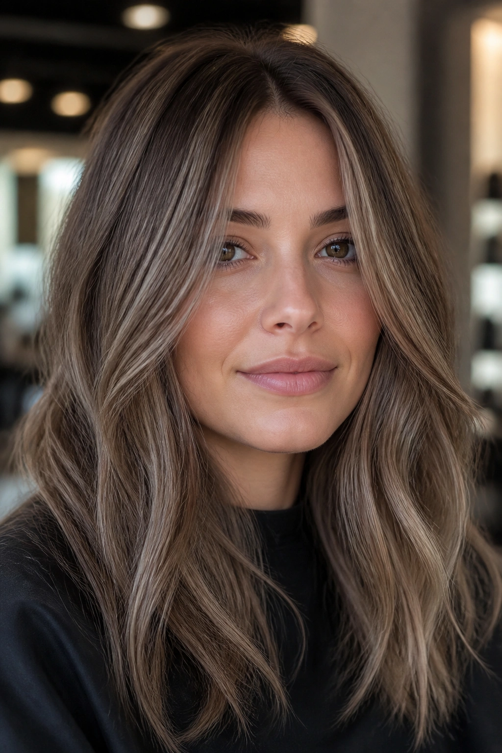 Close-up of ash-brown base with caramel highlights for cooler skin tones