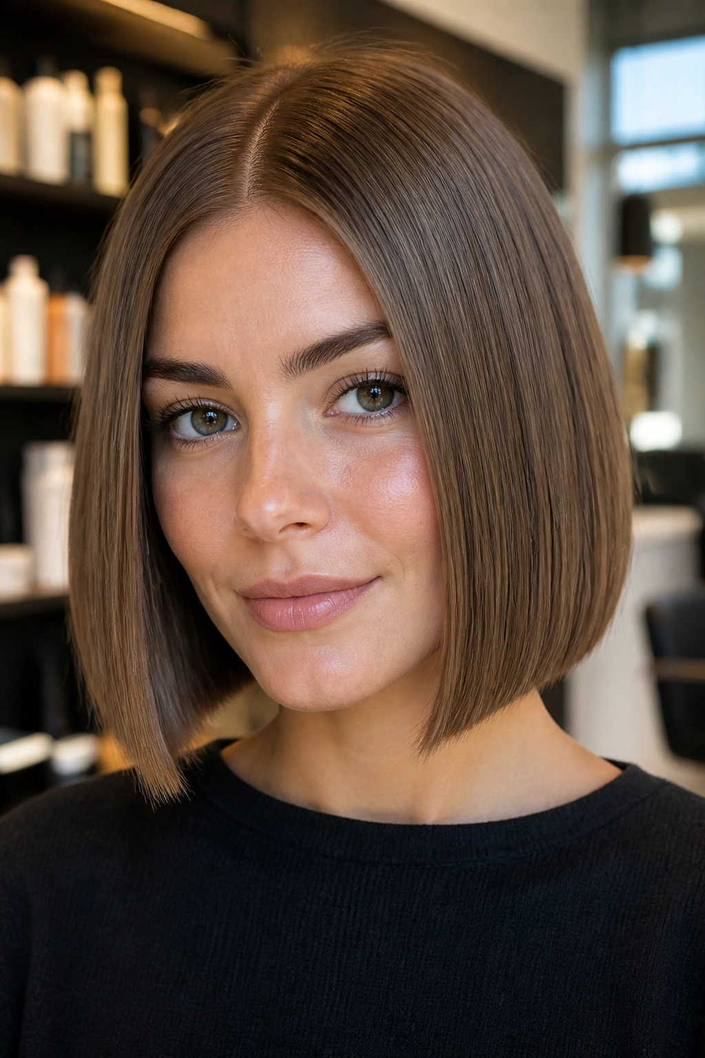 Portrait of a woman with ash brown sleek center-part bob
