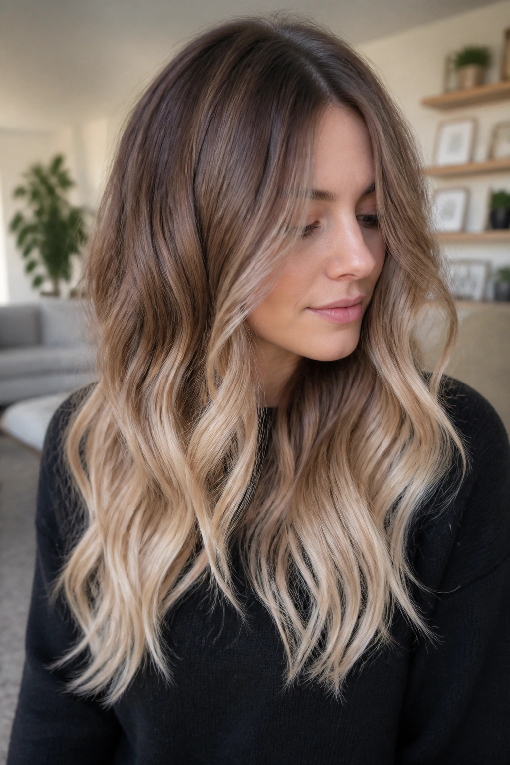 Real person with ash brown roots fading to champagne ends
