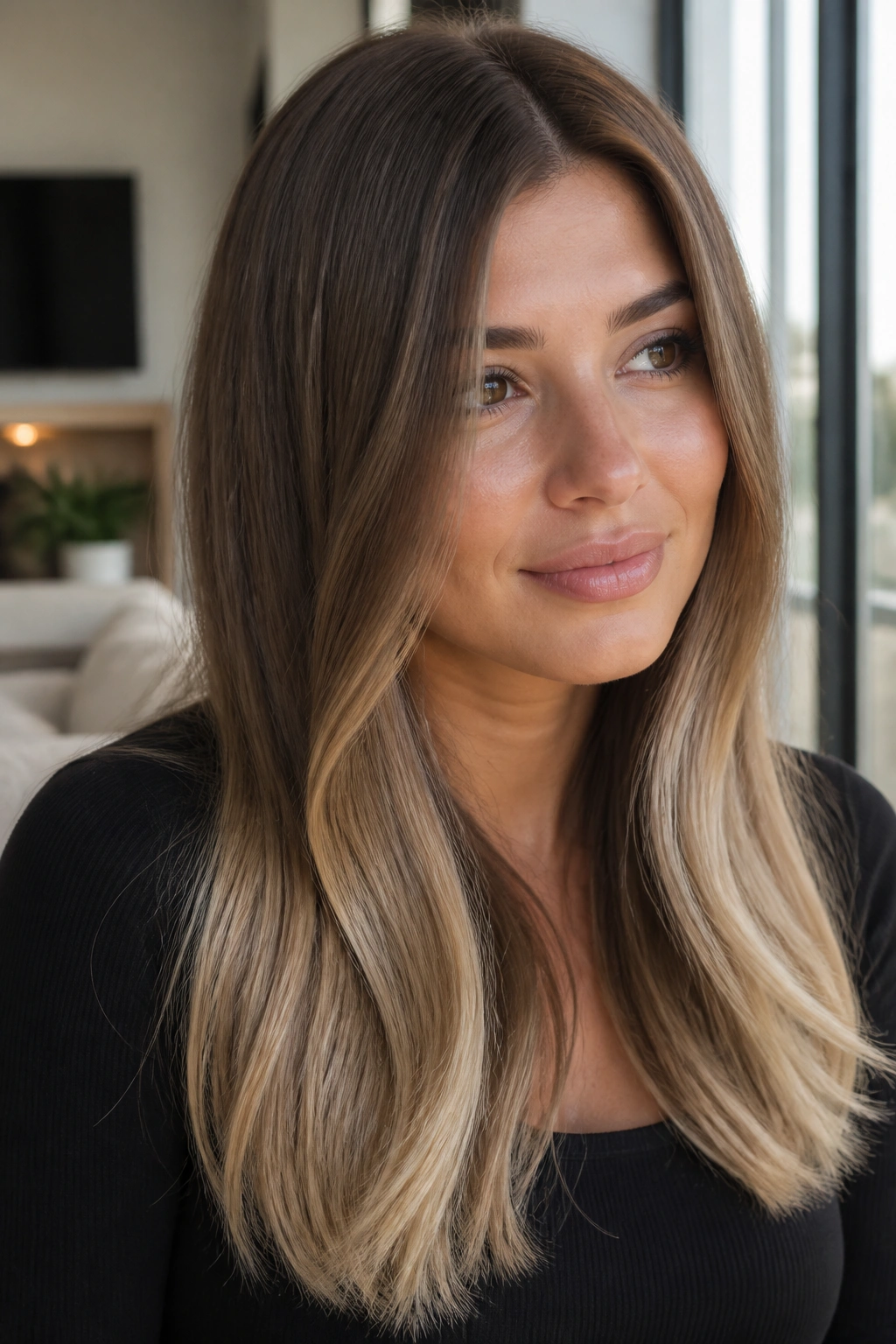 Real woman with ash brown hair and champagne ends.