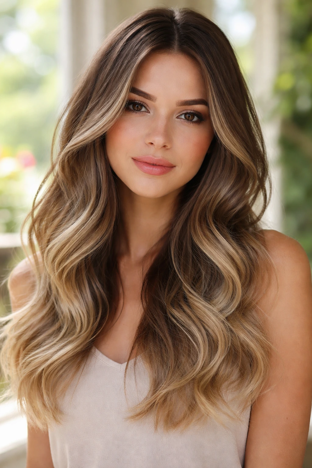 Close-up of real woman with ash brown hair and champagne tips