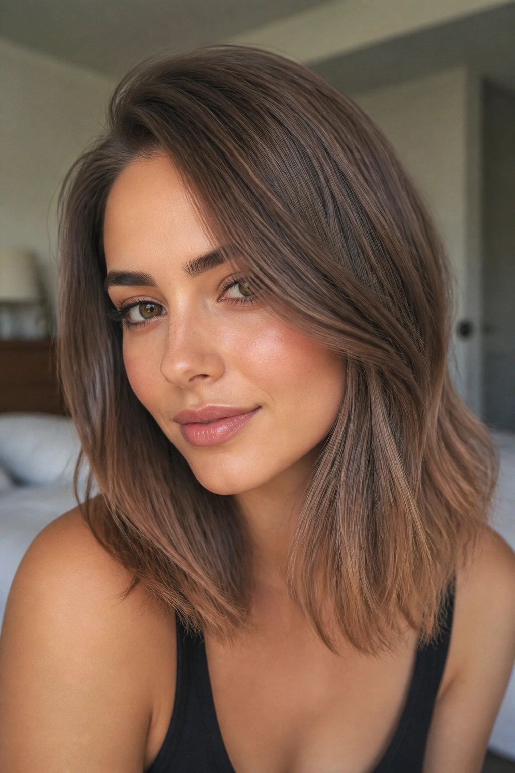 Close-up of a real woman with cool cinnamon brown ash finish hair, shoulder-length and softly lit in a bedroom.