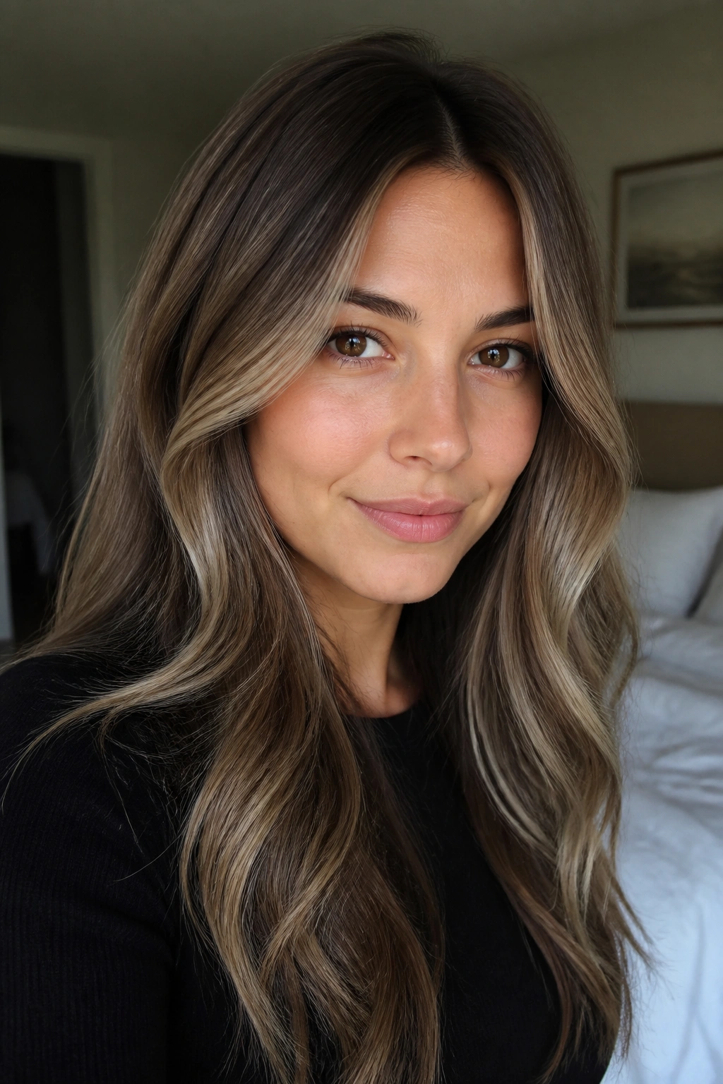 Close-up portrait of a woman with ash brown hair and face-framing contour highlights