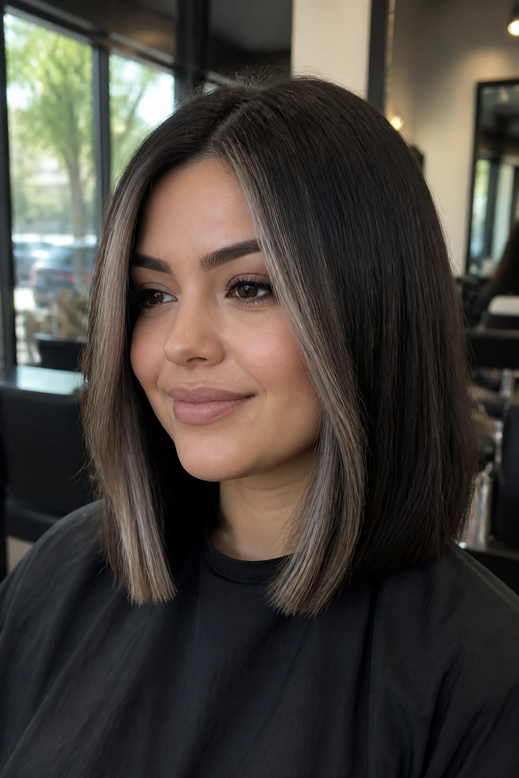 Close-up portrait of ash brown contour stripes framing a round face on a blunt lob