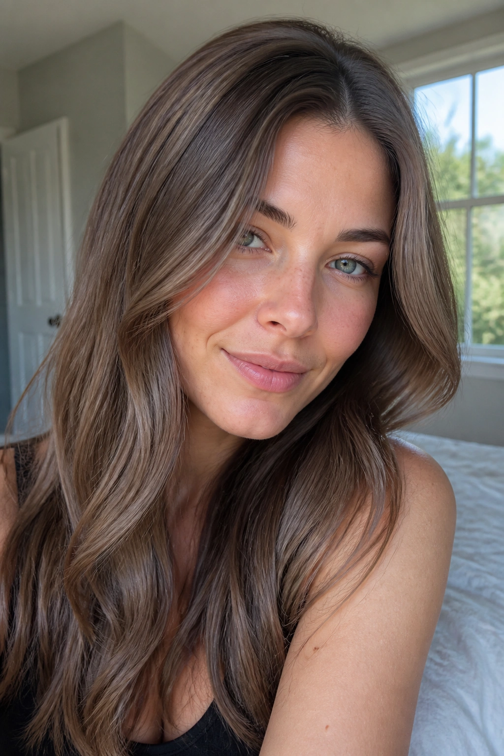 Close-up portrait of a woman with ash brown hair and cool skin tones in natural window light
