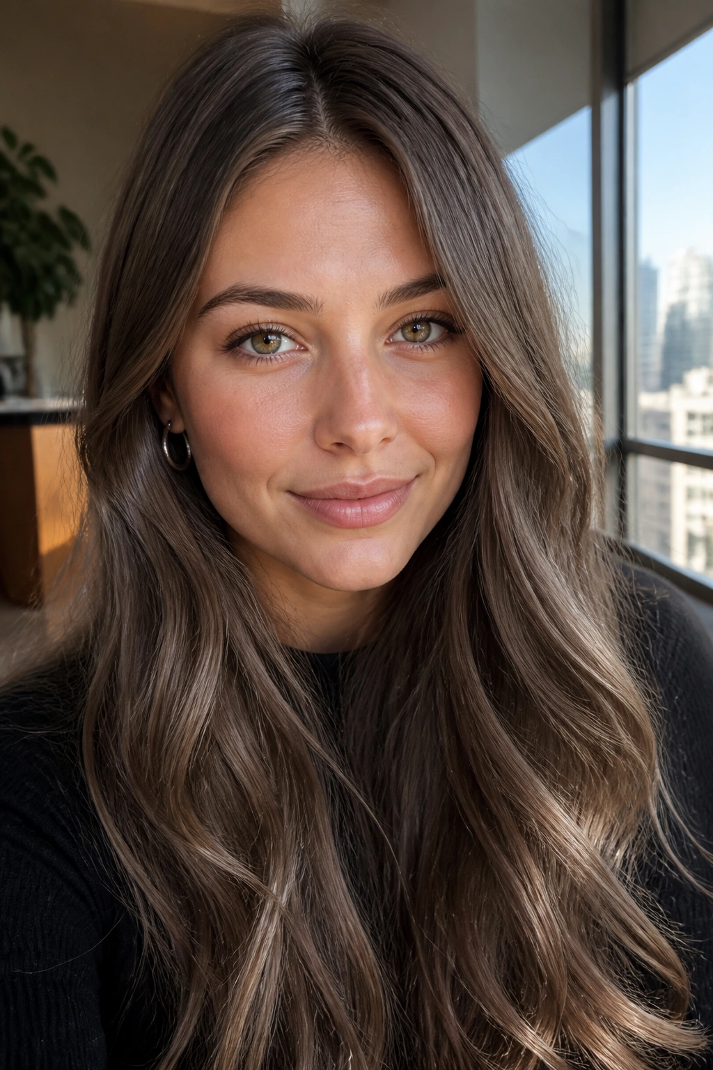 Close-up portrait of a real woman with ash brown hair and cool undertones