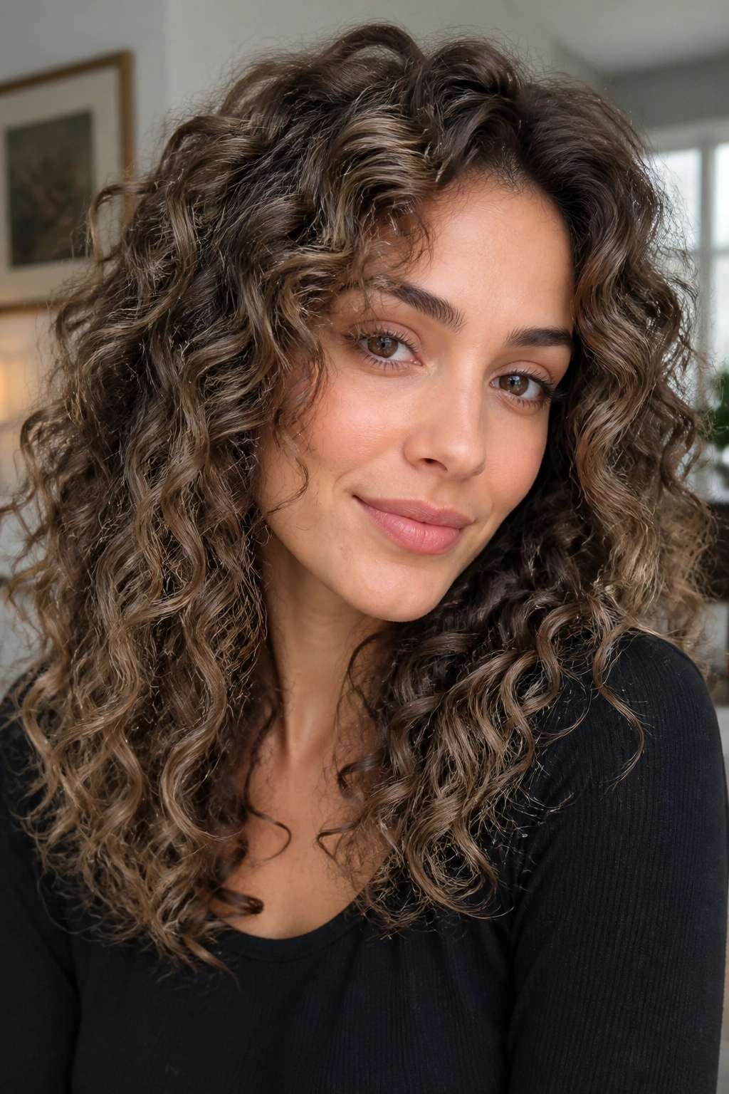 Portrait of a woman with ash brown curly hair and subtle lighter ribbons.