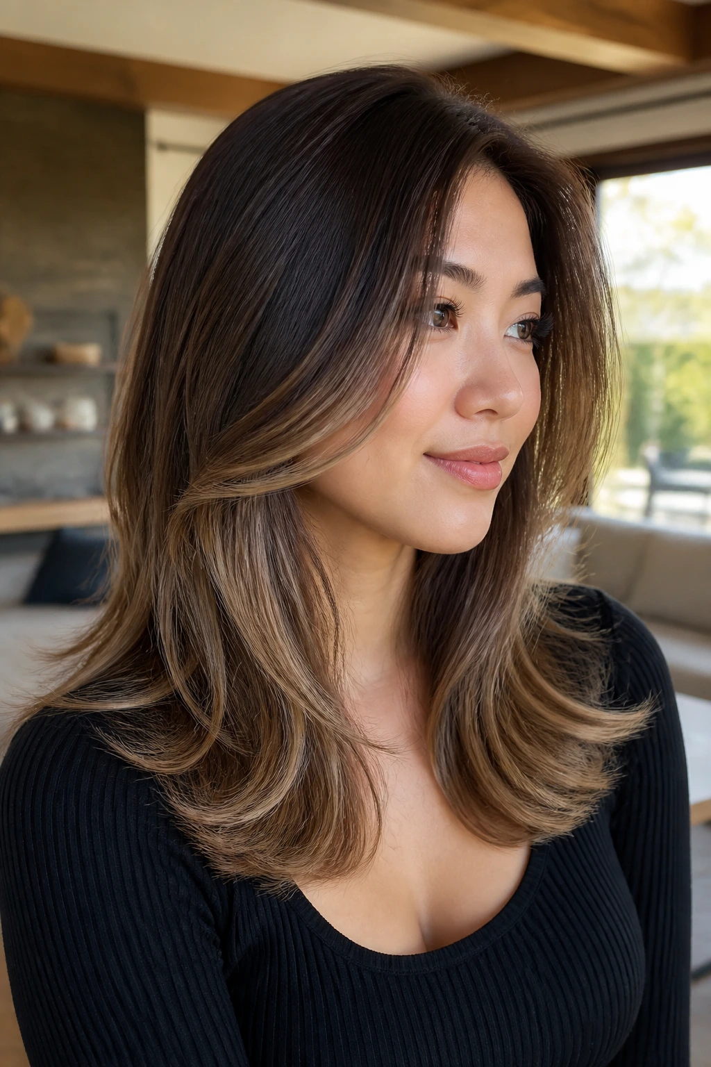 Close-up portrait of a real person with a curved blowout and bright lower third balayage.