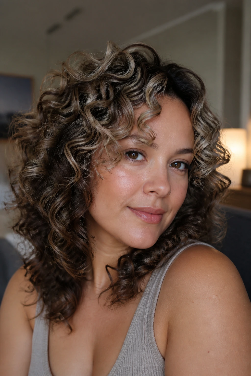 Portrait of a curly-haired real woman showing ash brown dimension on a round face