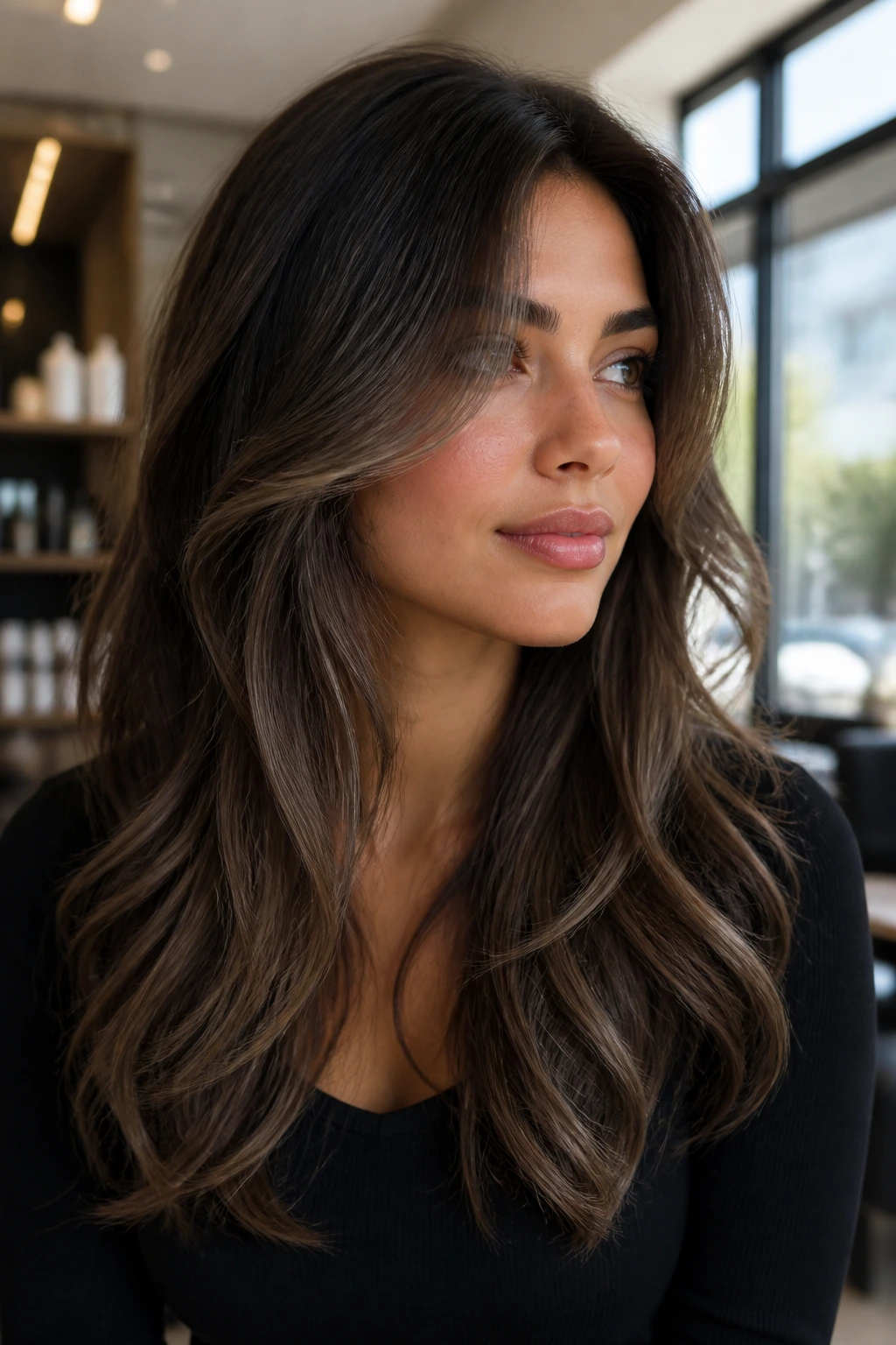 Close-up of ash-brown dimension on a dark base hair
