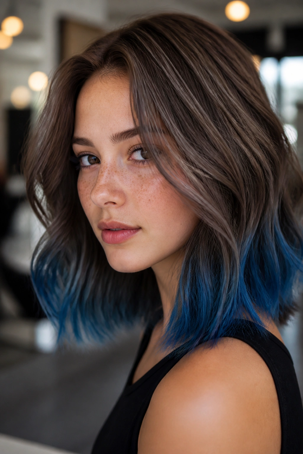Ash brown hair with electric blue tips on a real person