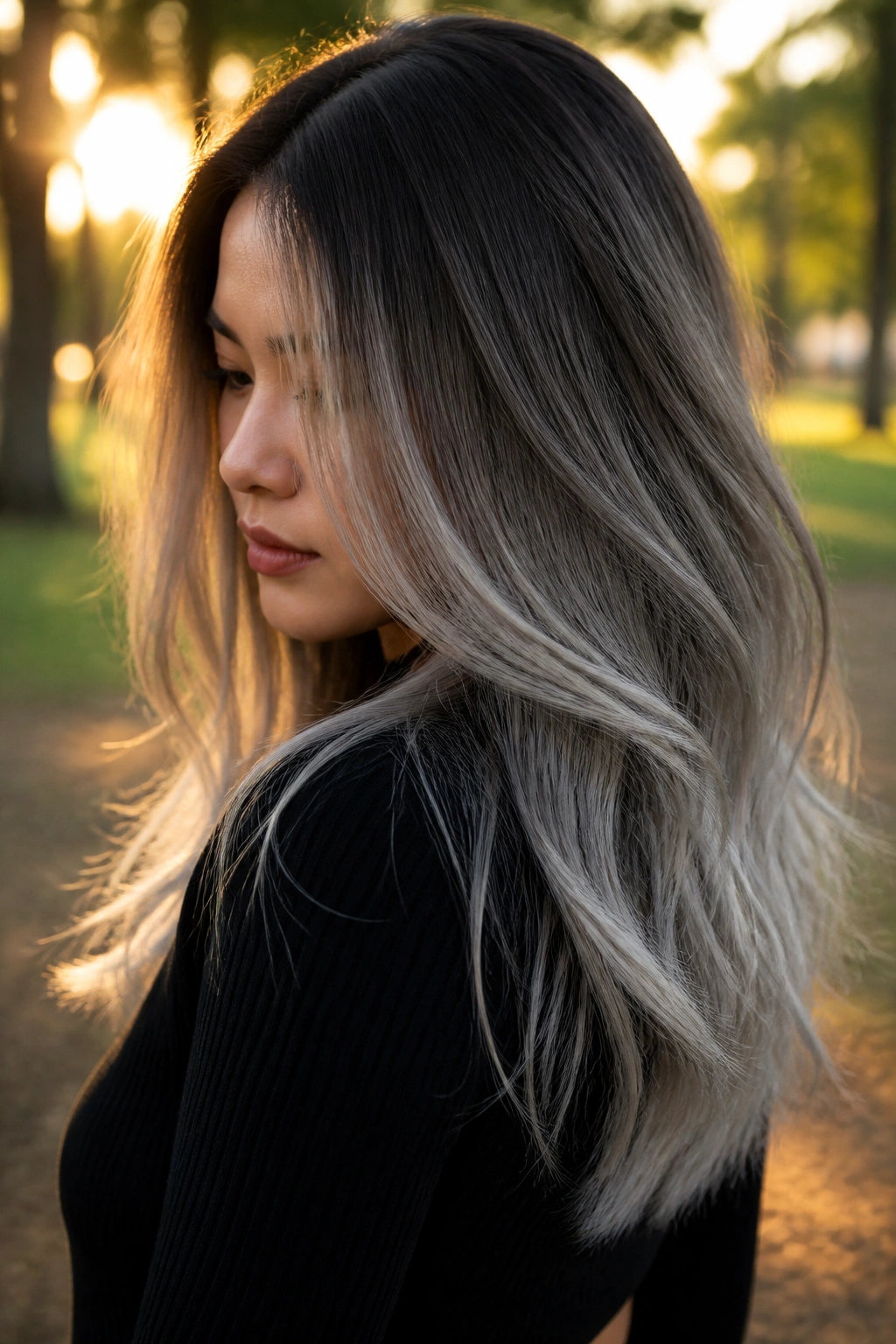 Close-up of ash brown hair with frosted silver tips on real person