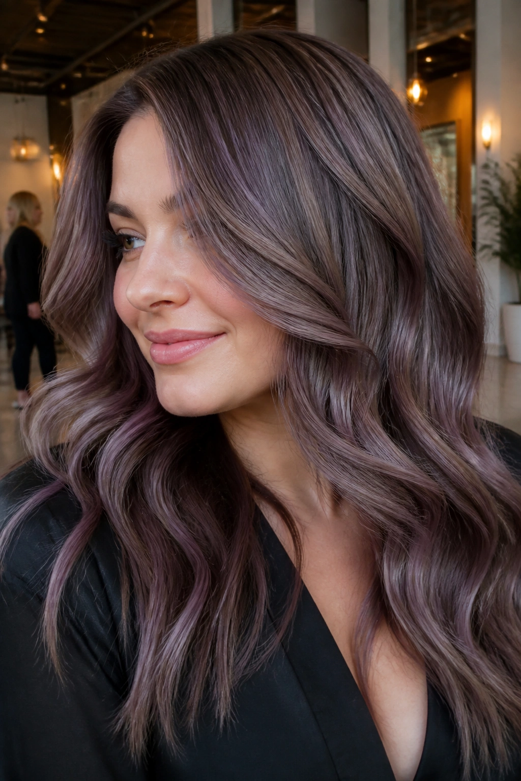 Close-up of a real person with ash brown hair and grape lowlights.
