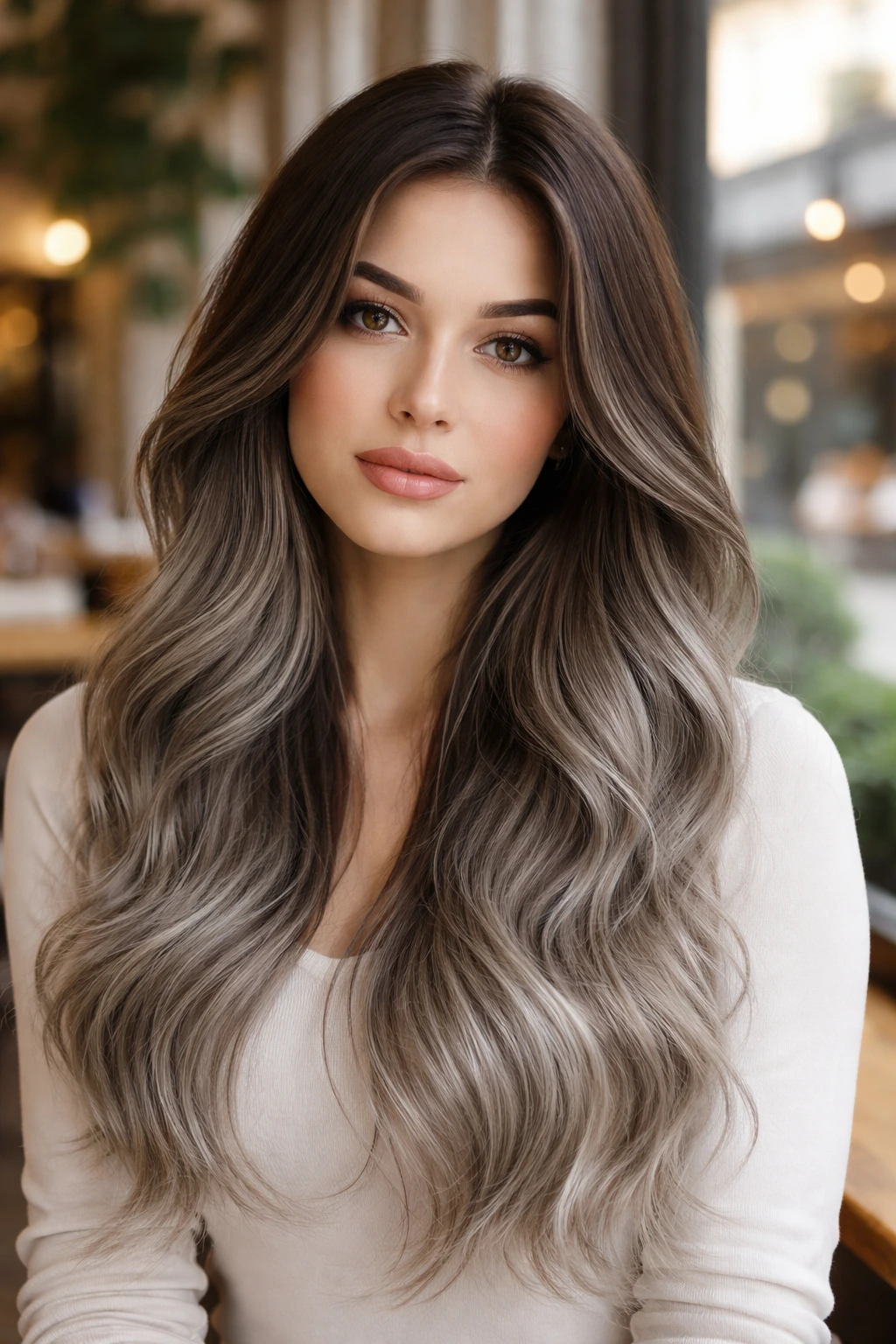 Close-up portrait of a real woman with ash brown to gray transition hair in cafe daylight