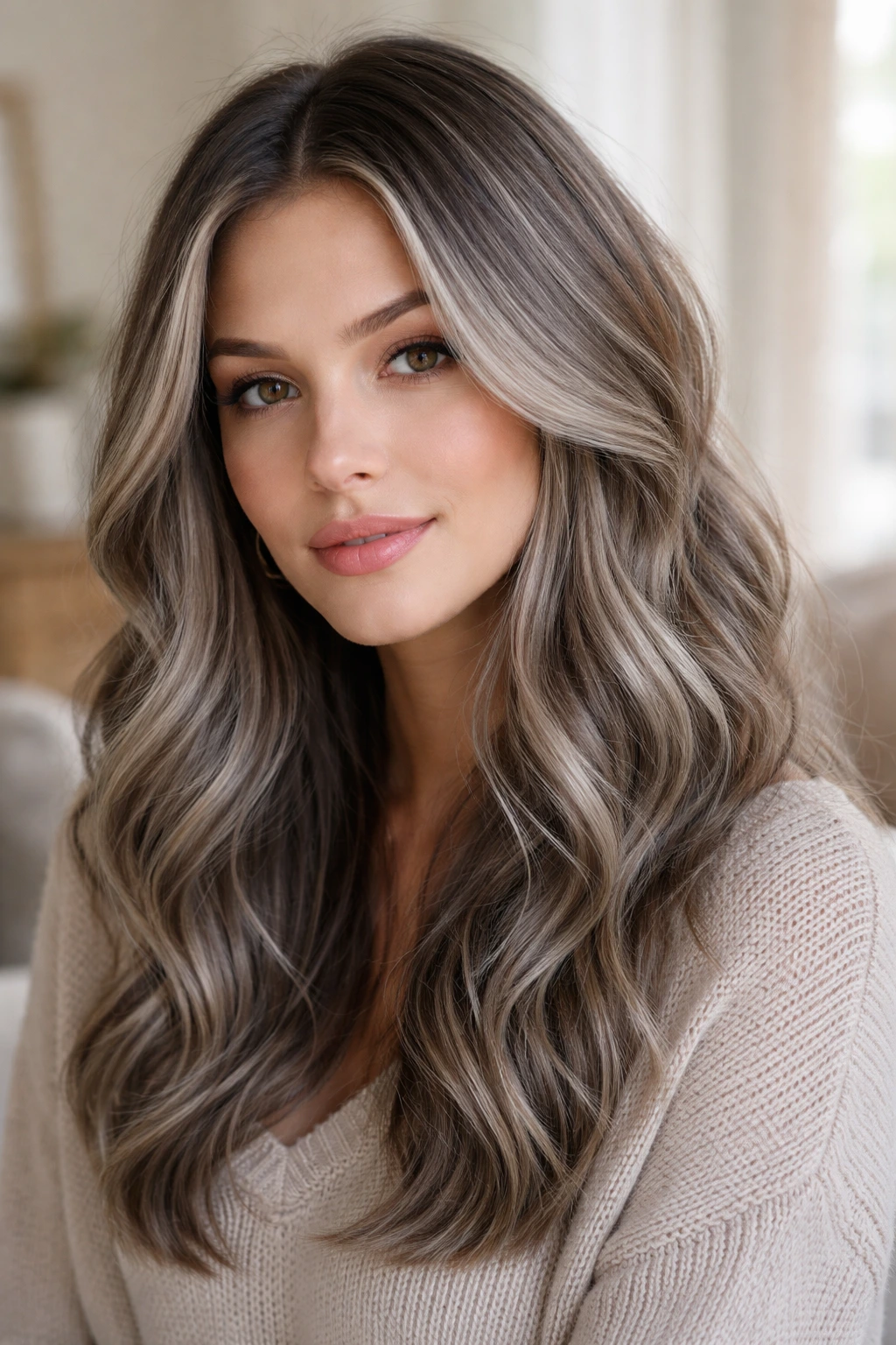 Close-up portrait of a real person with muted ash-brown hair and grey highlights