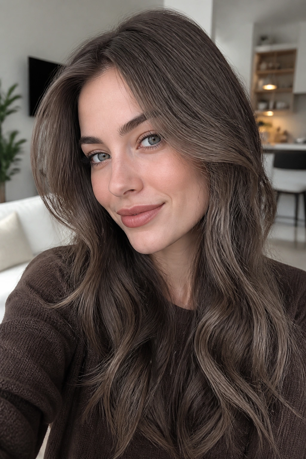 Close-up of a real woman with ash brown hair in soft daylight