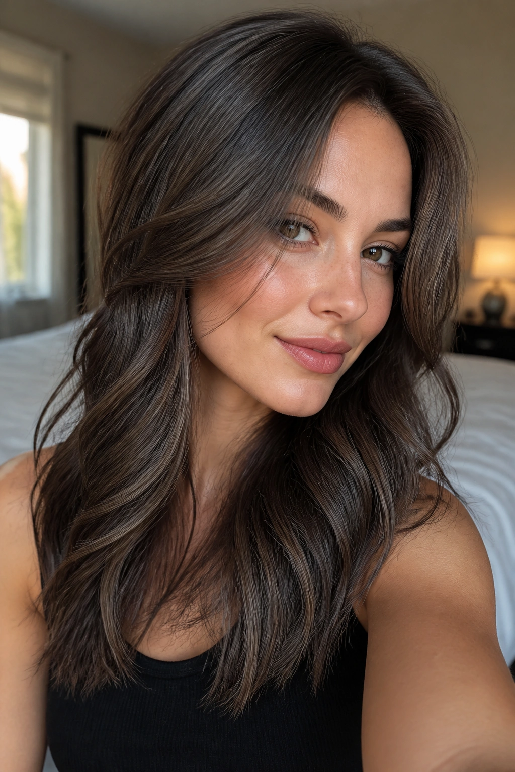 Close-up of a real woman with fine ash babylights on brown hair for a soft ash sheen.