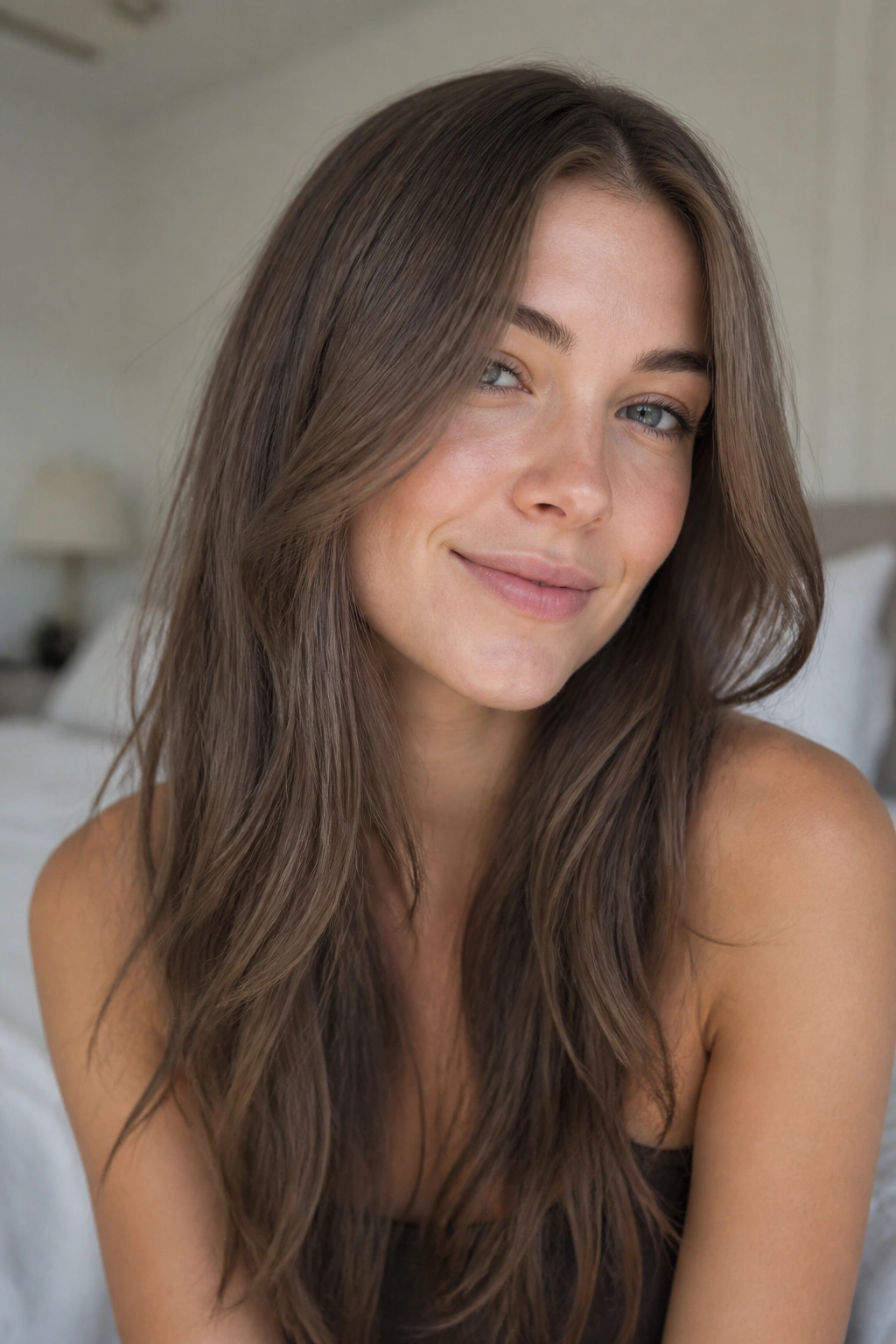 Close-up portrait of a woman with ash brown all-over hair and cool skin tones.