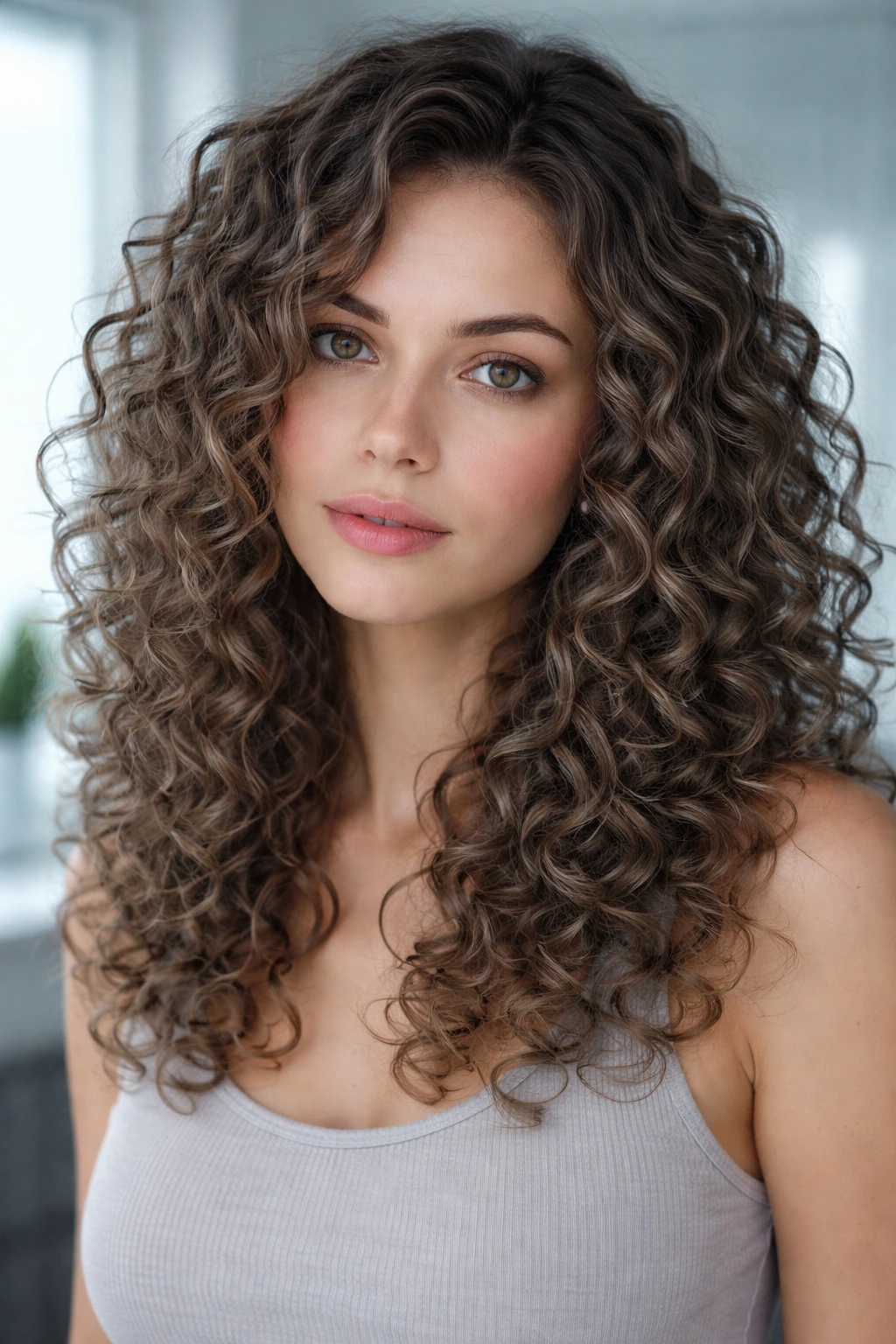 Close-up portrait of a real person with ash brown curly hair in cool-toned light.