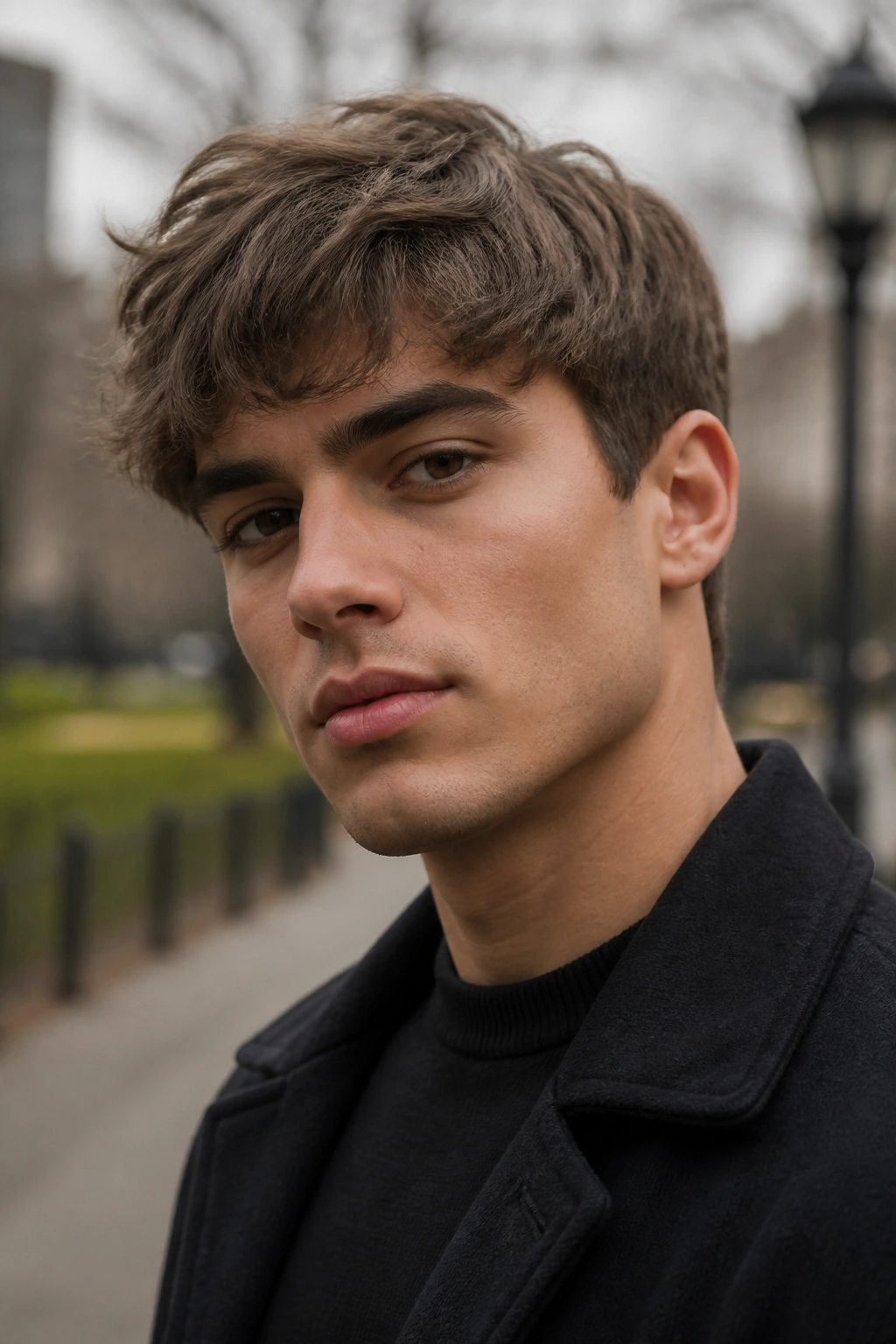 Portrait of a man with ash brown hair in a city park