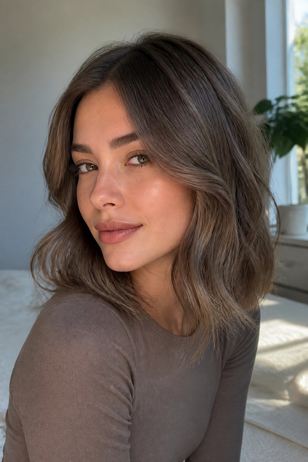 Close-up portrait of a real woman with smoky mushroom ash brown hair and soft waves