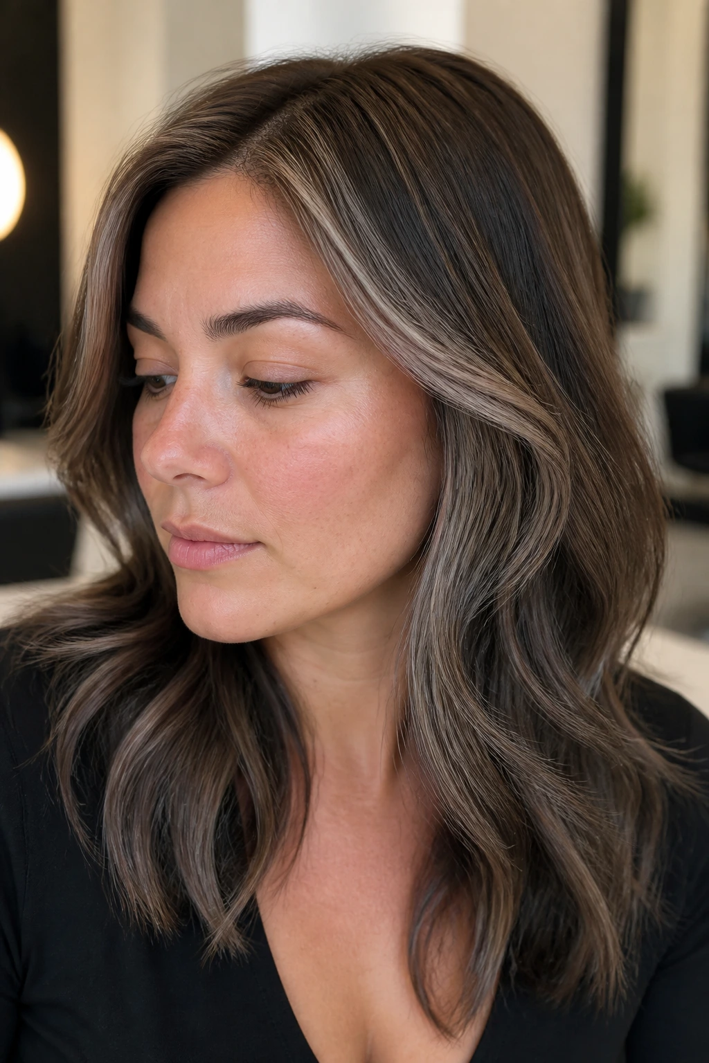 Close-up of a real woman's head showing smoky contour highlights at temples and jawline in ash brown hair