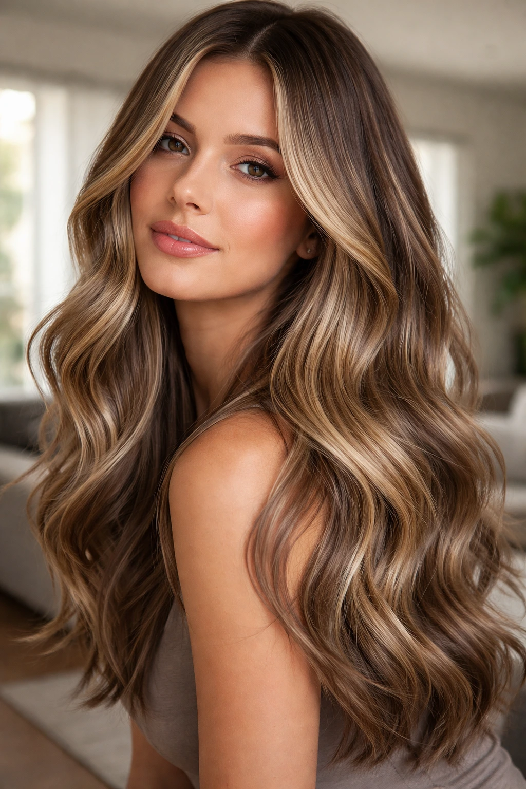 Close-up of hair with ash-brown and honey mix balayage