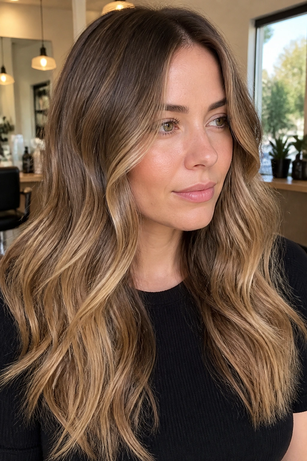 Close-up portrait of ash brown roots transitioning to honey ends on a real person with soft waves