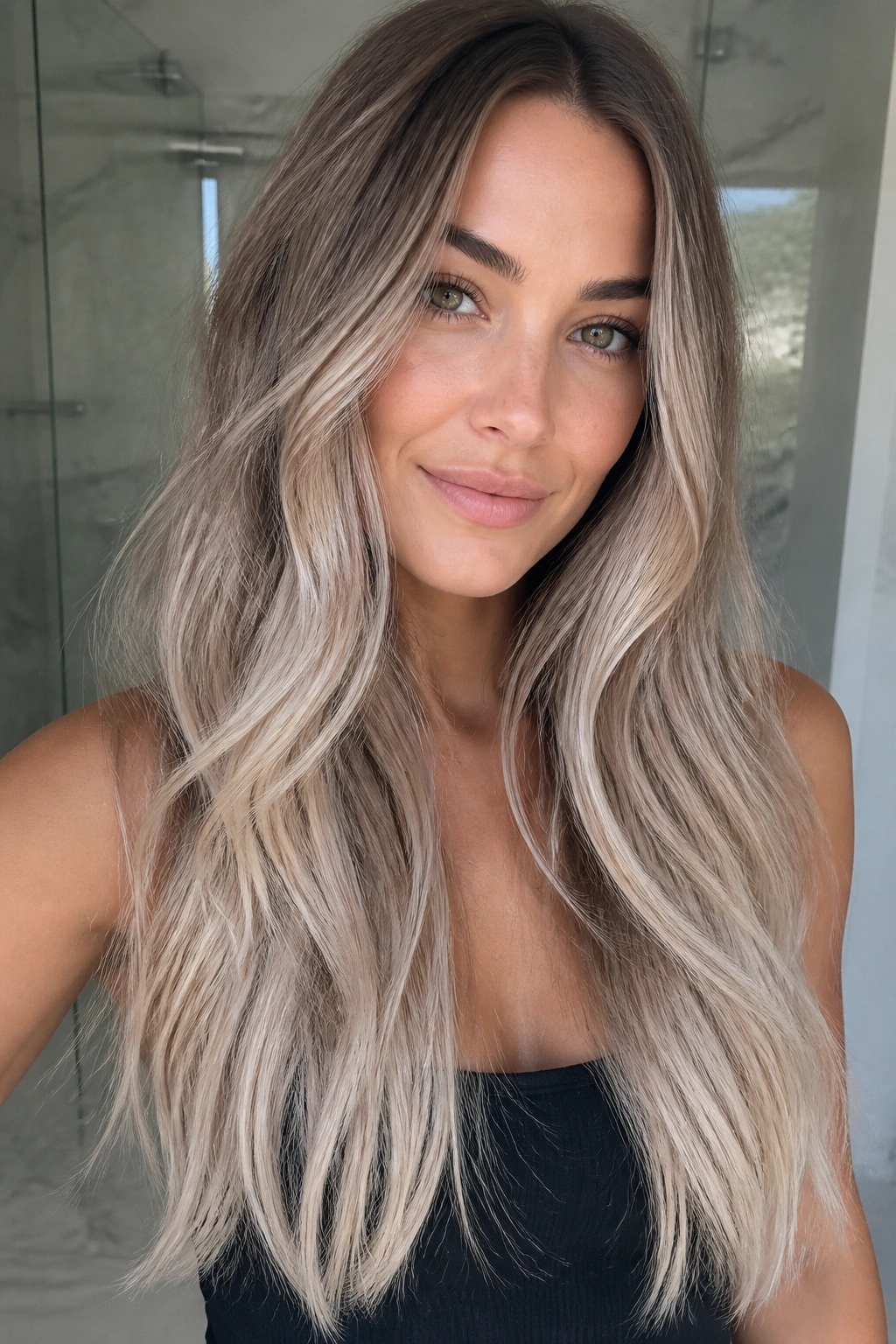 Close-up of long hair ash brown to icy beige ombre on a real person