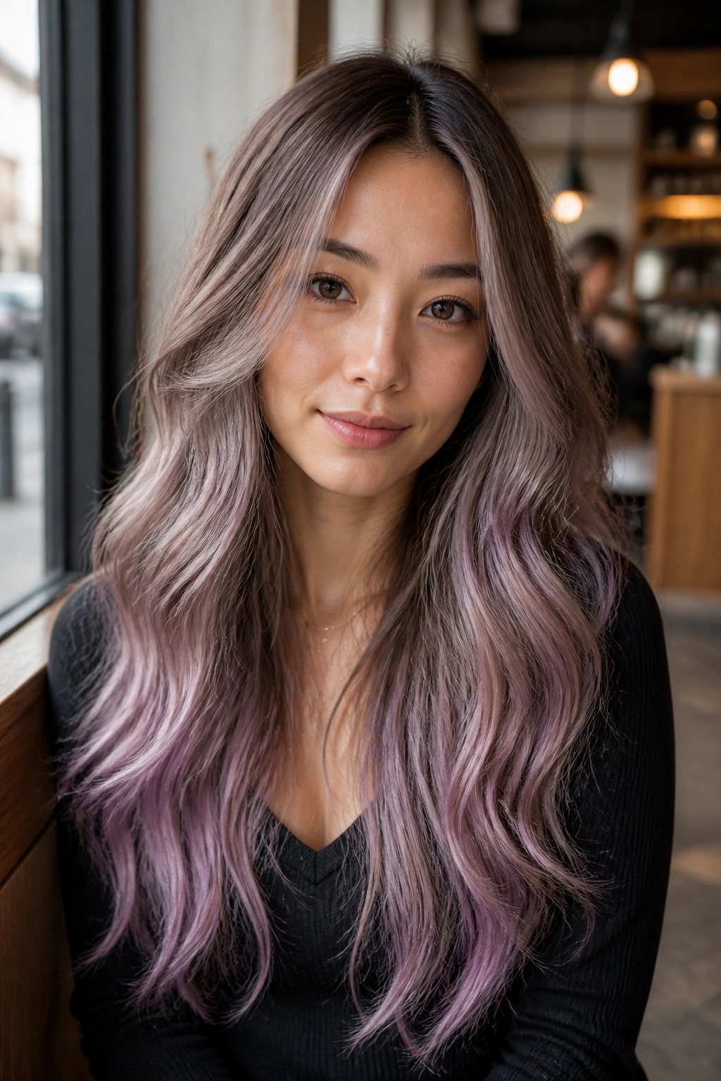 Front portrait of ash brown to pastel lavender and mushroom ombre on long hair