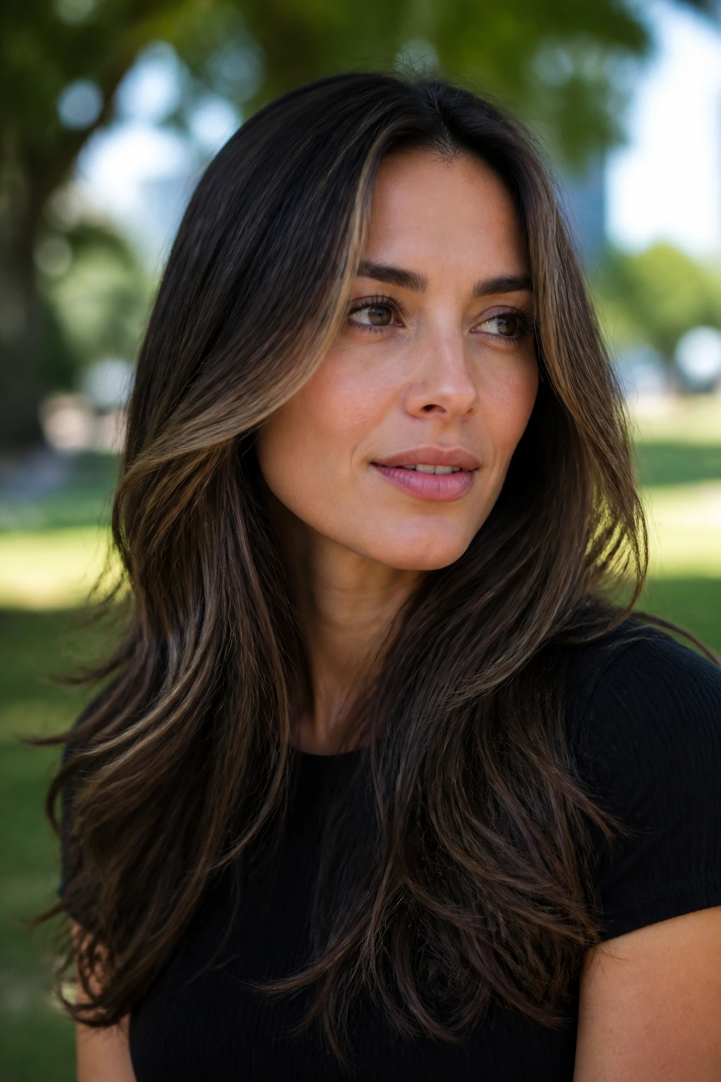 Close-up of dark brunette hair with subtle ash lift around the face