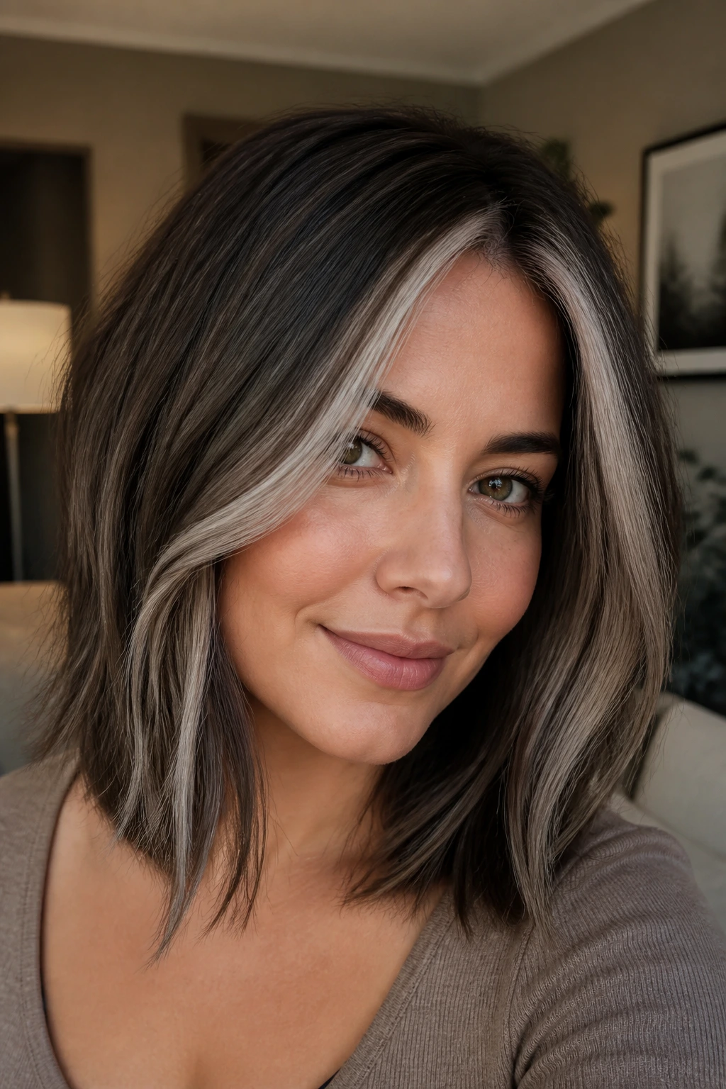 Close-up of a real woman with ash brown lob and diagonal silver curtain pieces.