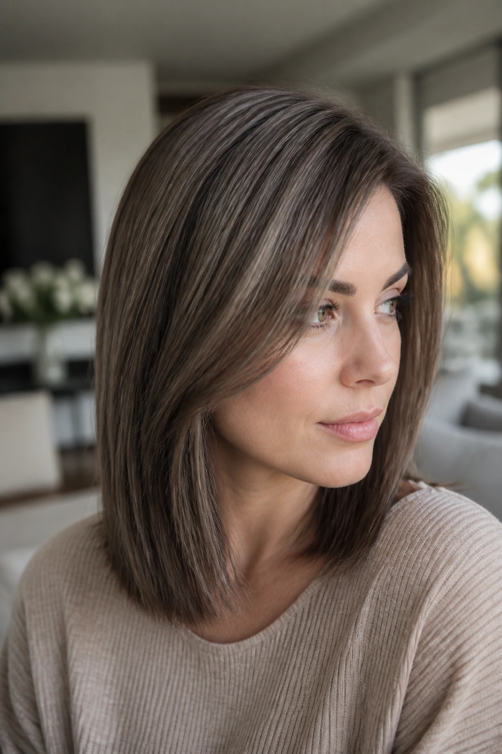 Portrait of a real person with ash brown hair and smoky lowlights.