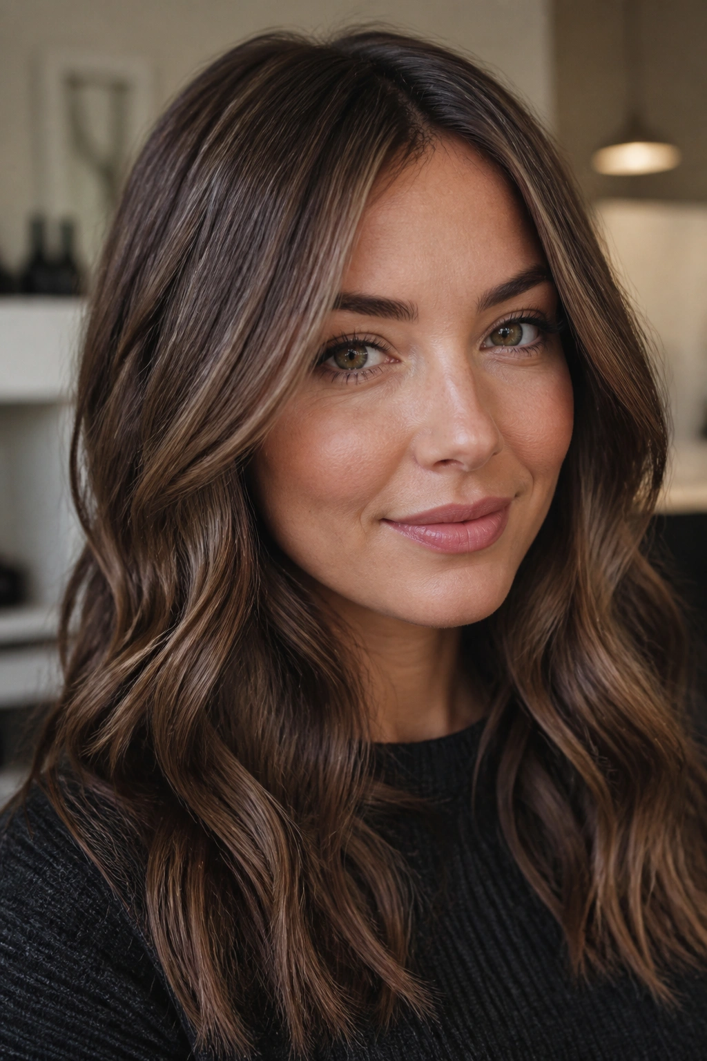 Portrait of a woman with chestnut ash brown hair and micro-lowlights in soft light.