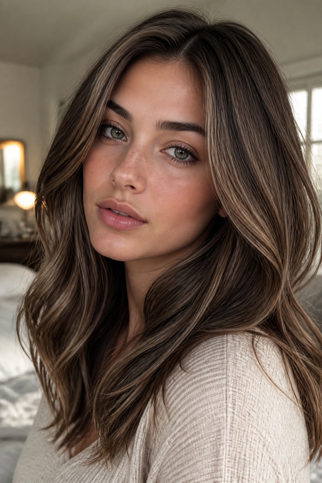 Close-up portrait of a real person with ash brown hair and dimensional lowlights