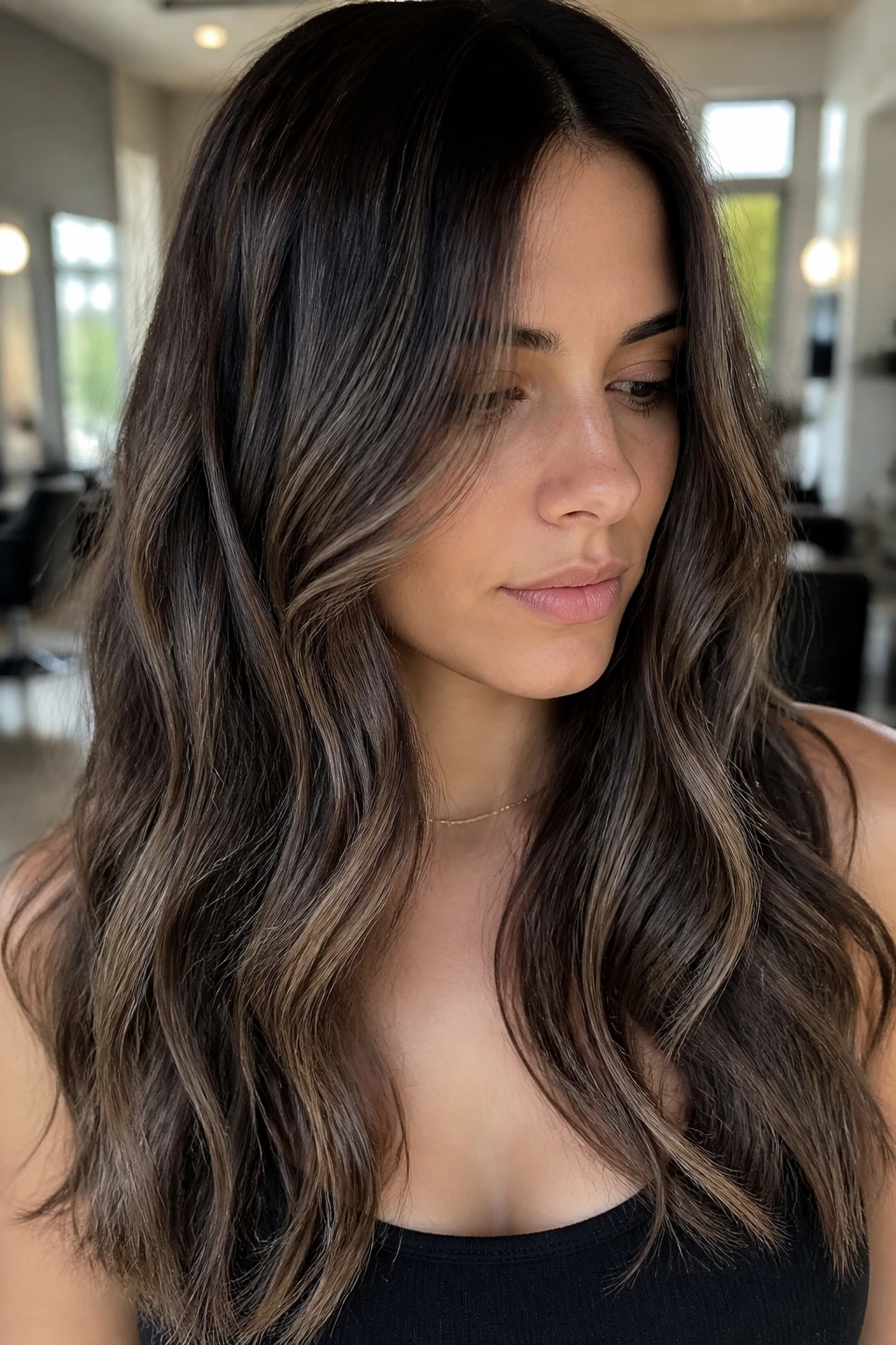 Close-up of brunette hair with ash brown lowlights for cooler contrast