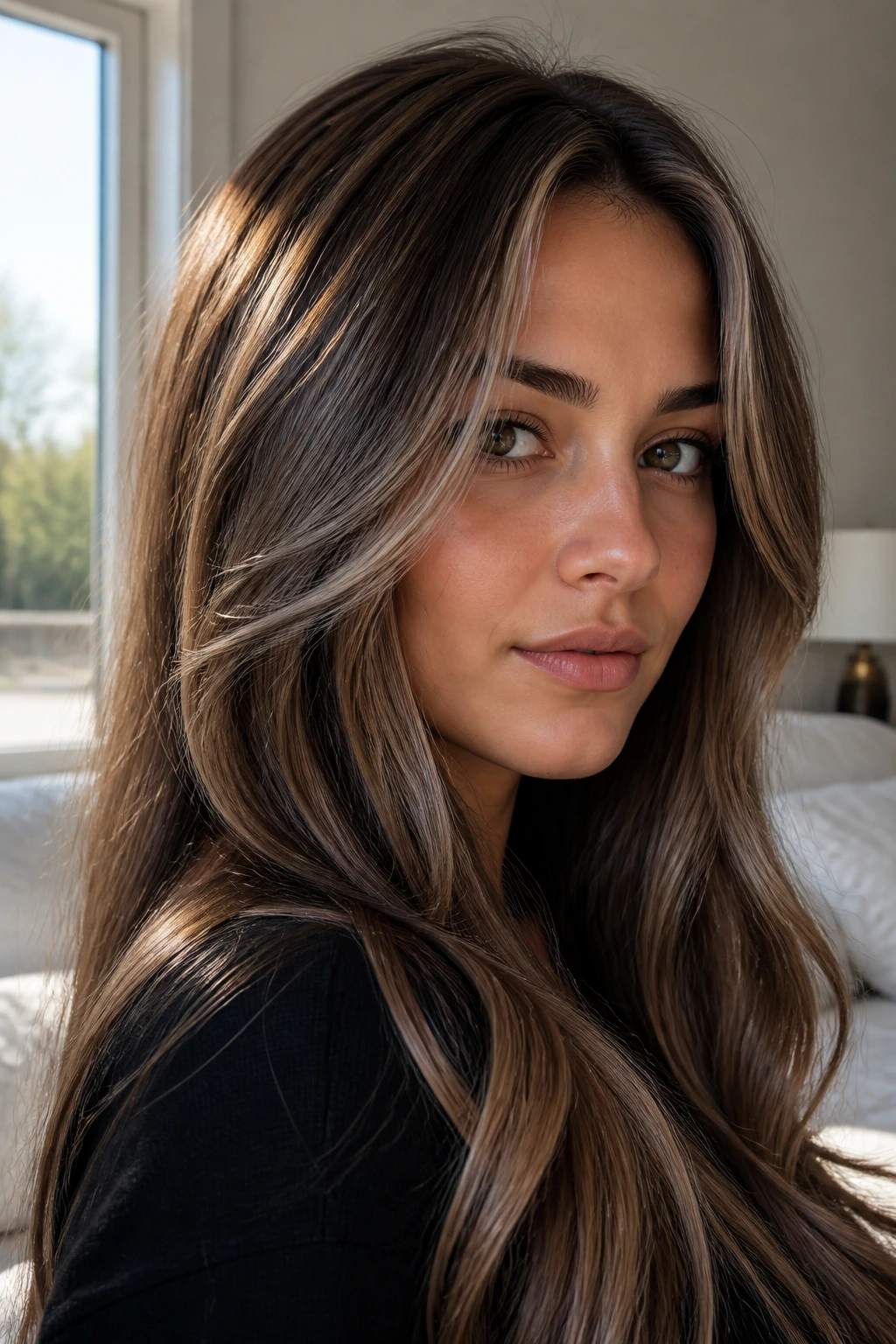 Close-up portrait of brunette with ash brown lowlights neutralizing brass tones around the face