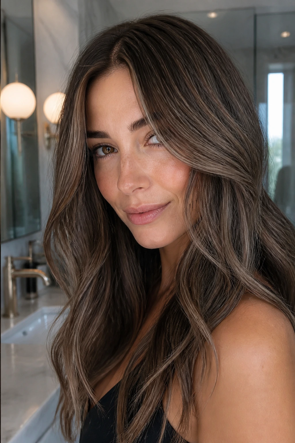 Brunette with ash brown lowlights under cool lighting