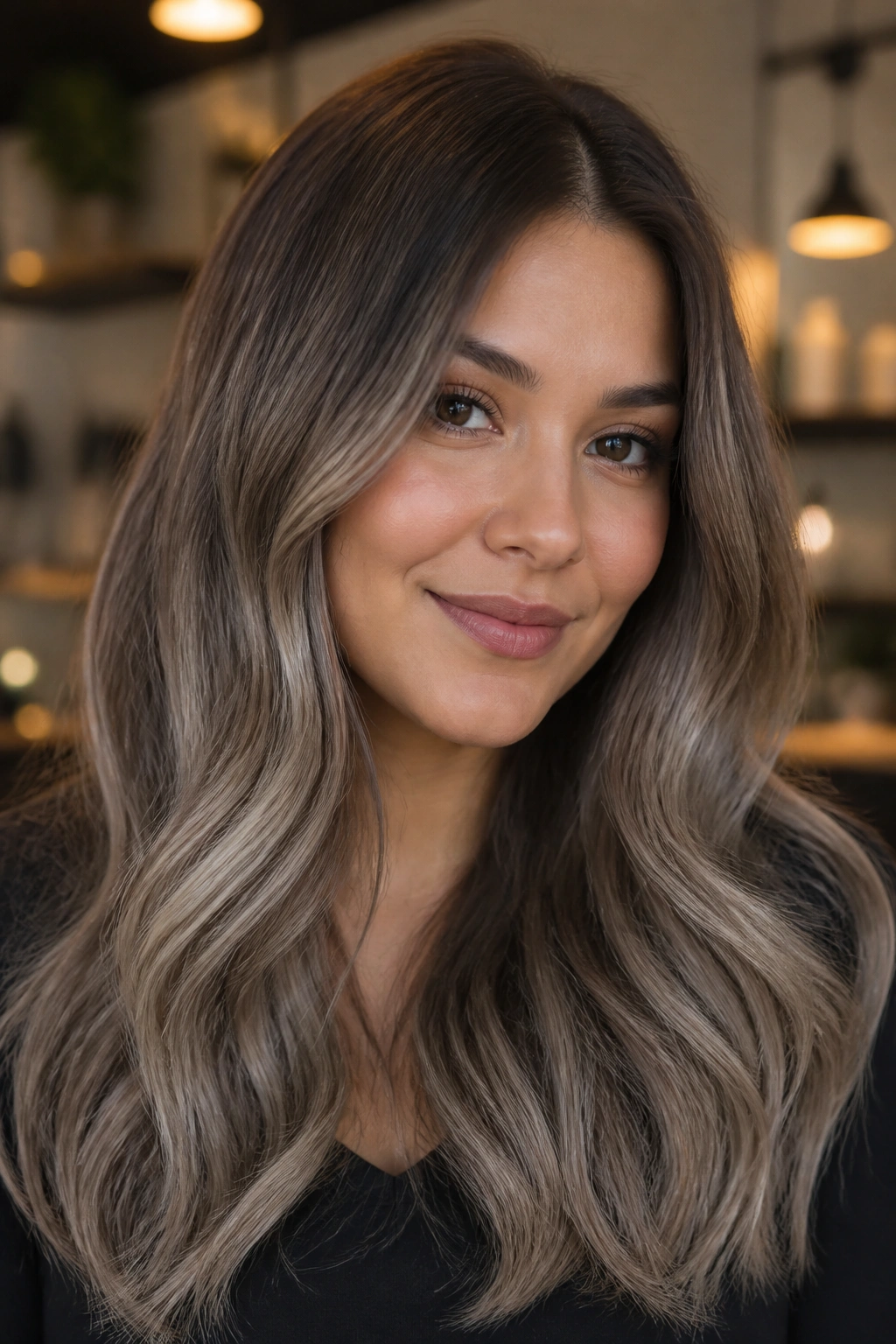 Portrait of a woman with pearl-toned ash brown melt hair.