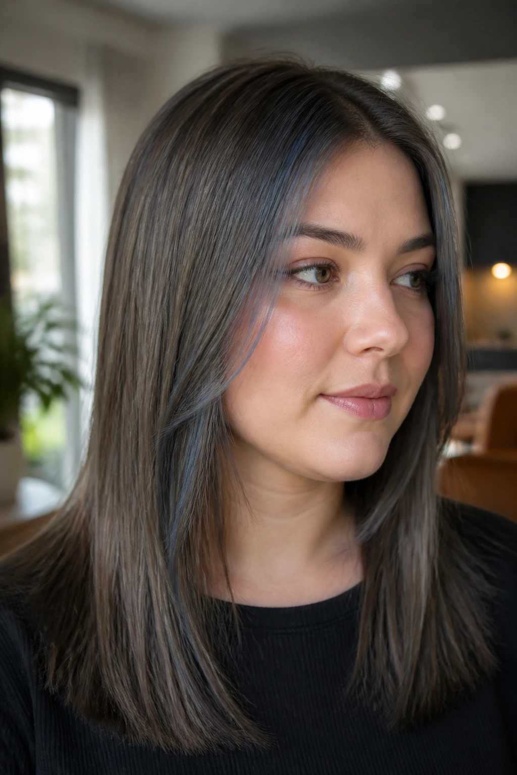 Medium close portrait of ash brown hair with steel-blue micro-lights