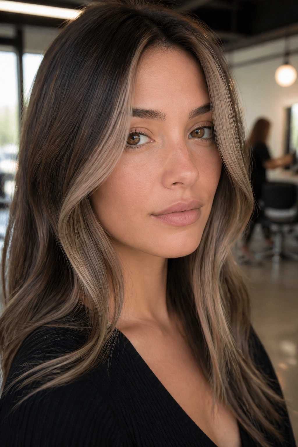Close-up of a real woman with ash brown money piece starting below brows framing the face